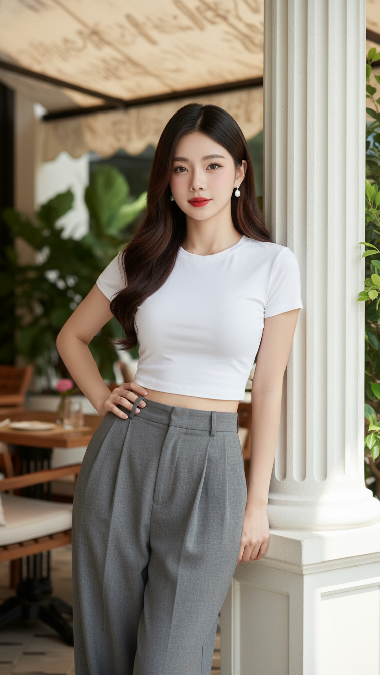 Chân dung tự nhiên của cô gái trẻ phong cách tự tin và thời thượng tại quán cafe sang trọng