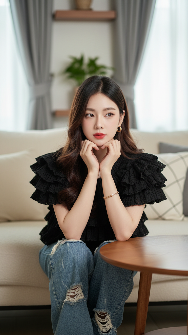 Chân dung cô gái trẻ tự tin trong không gian ấm cúng và phong cách hiện đại