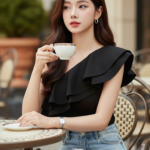 Chân dung cô gái trẻ hiện đại tại quán cà phê sang trọng