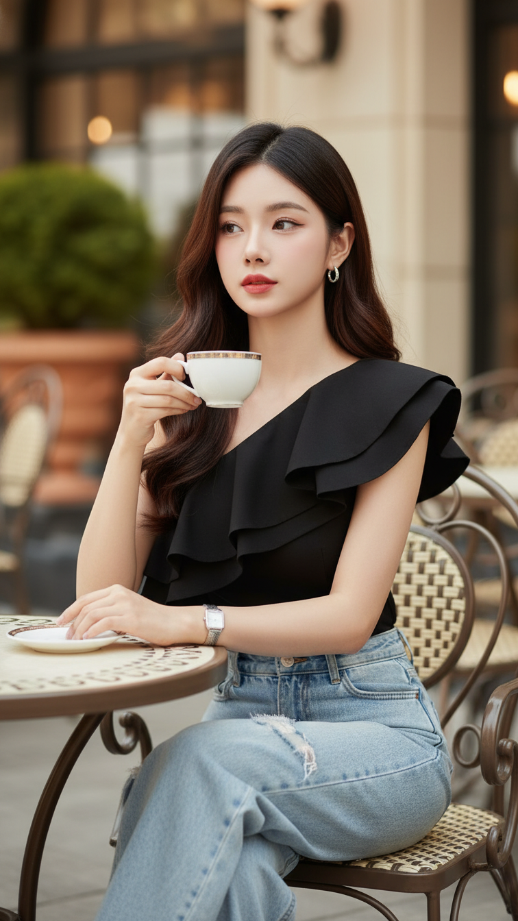 Chân dung cô gái trẻ hiện đại tại quán cà phê sang trọng