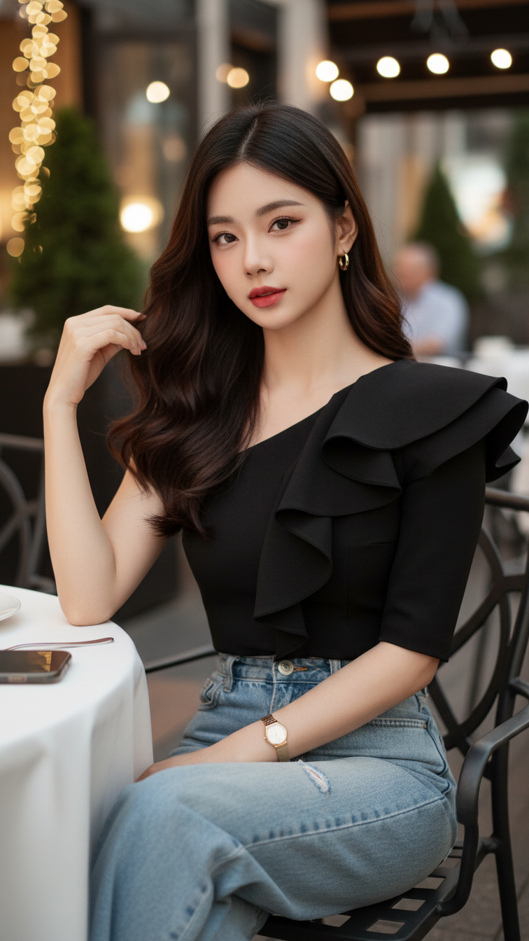 Chân dung thanh lịch của cô gái trẻ trong quán cafe sang trọng