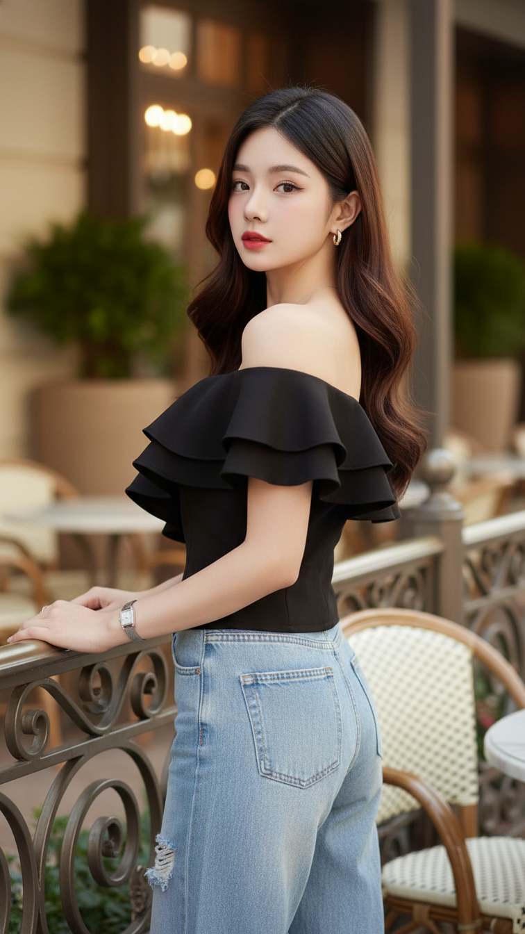 Chân dung cô gái trẻ mặc thời trang thanh lịch tại quán cà phê ngoài trời sang trọng