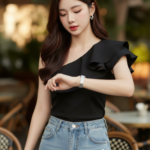 Chân dung nàng mẫu trẻ với phong cách hiện đại và tạo dáng thanh lịch tại quán cafe sang trọng