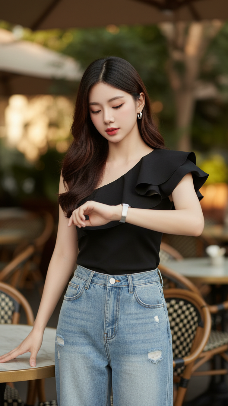 Chân dung nàng mẫu trẻ với phong cách hiện đại và tạo dáng thanh lịch tại quán cafe sang trọng