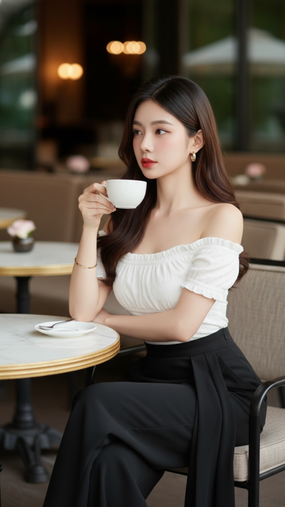 Chân dung cô gái trẻ tự tin trong không gian cà phê sang trọng