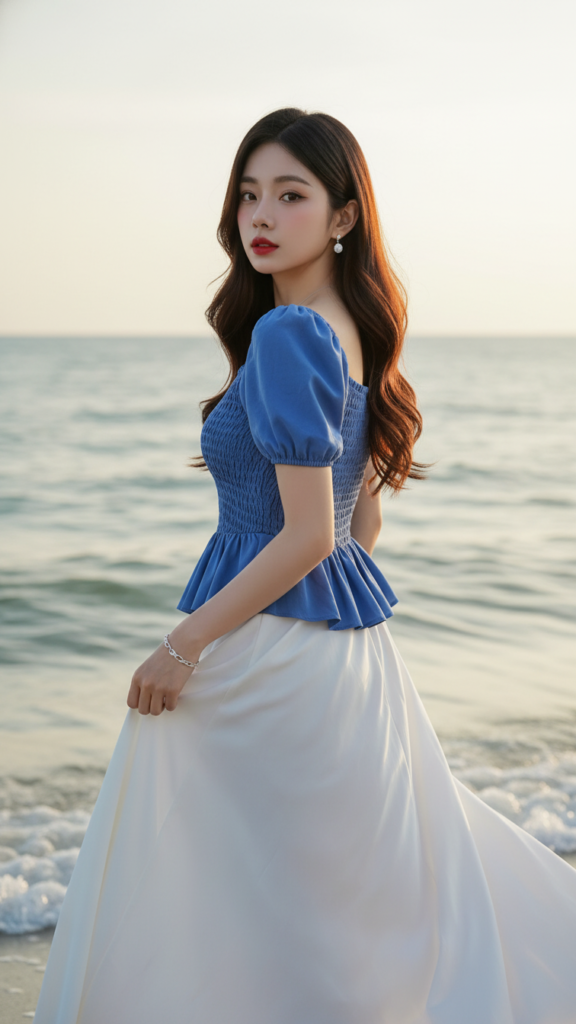 Chân dung nàng gái trẻ bên bờ biển với phong cách thanh lịch và tự tin