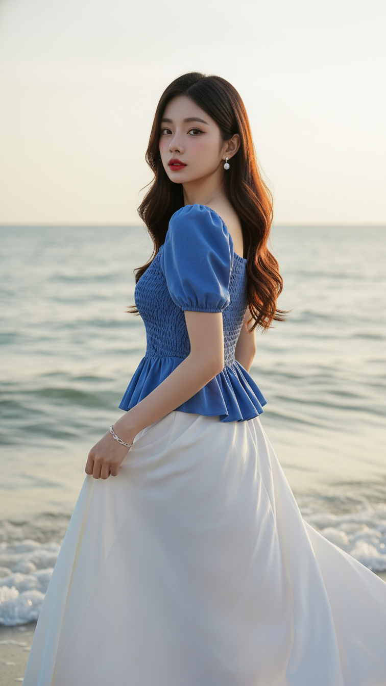 Chân dung nàng gái trẻ bên bờ biển với phong cách thanh lịch và tự tin