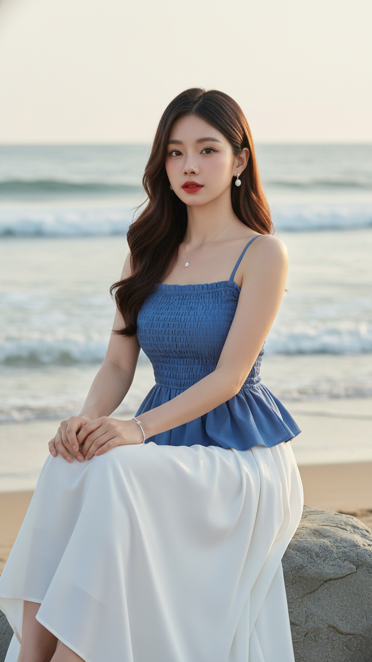 Chân dung thanh lịch của cô gái trẻ bên bờ biển mùa hè