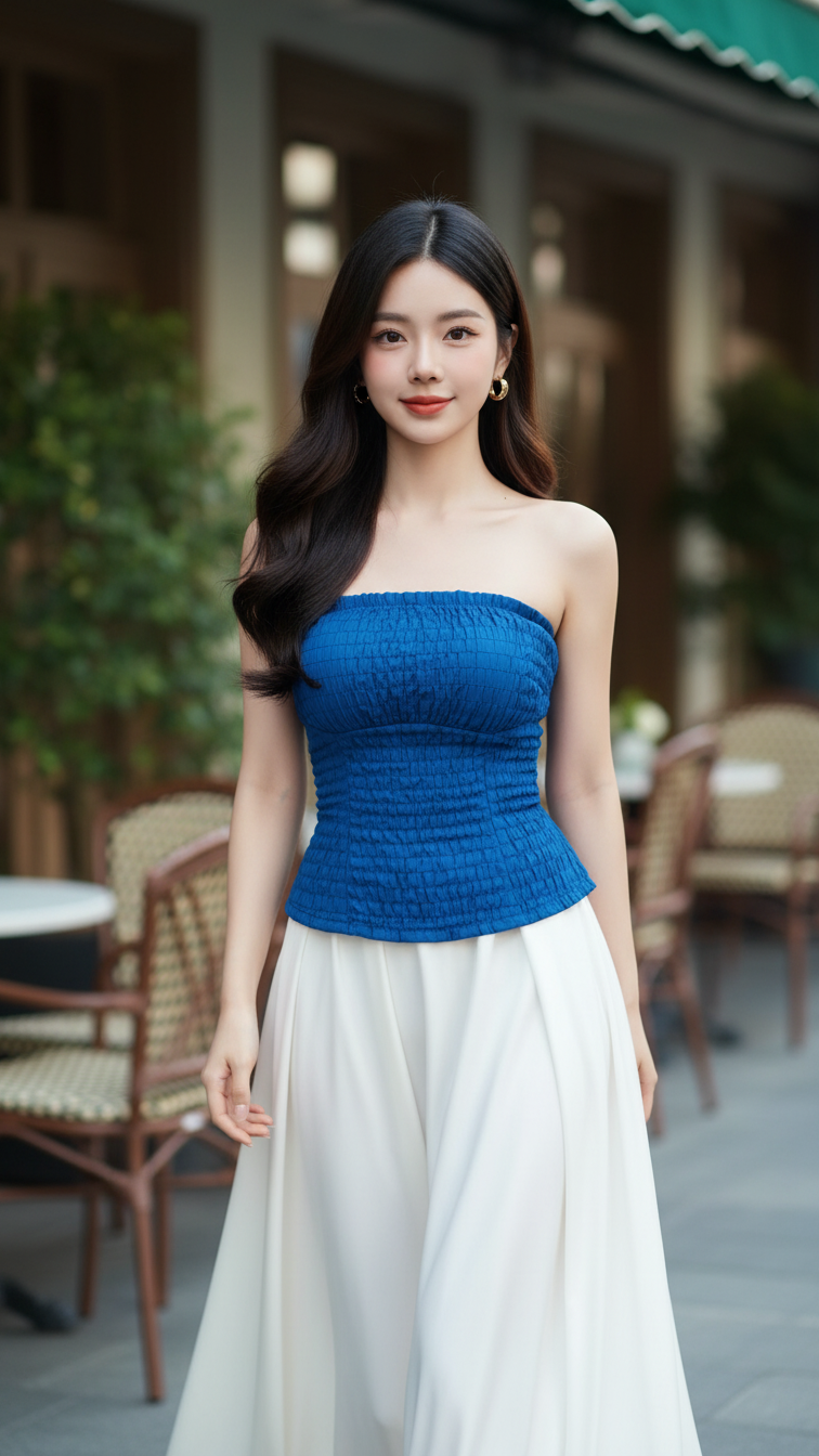 Chân dung thanh lịch của cô gái trẻ tự tin trong không gian cafe sang trọng