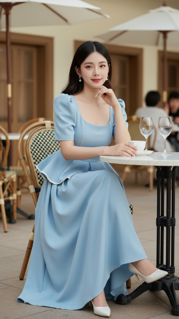 Chân dung nữ sinh tự tin với phong cách thời trang thanh lịch tại quán cà phê ngoài trời