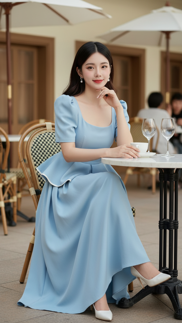 Chân dung nữ sinh tự tin với phong cách thời trang thanh lịch tại quán cà phê ngoài trời