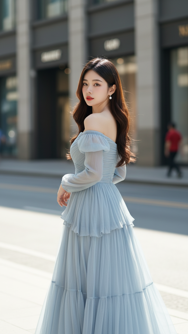 Chân dung thanh lịch của cô gái trẻ trong bối cảnh đô thị sôi động