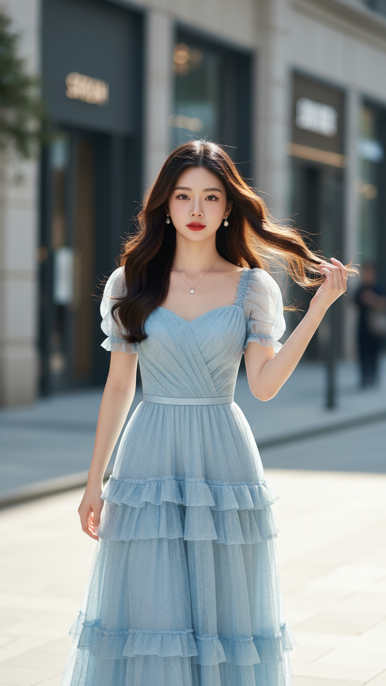 Bức chân dung thanh lịch của cô gái trẻ giữa phố phường sôi động