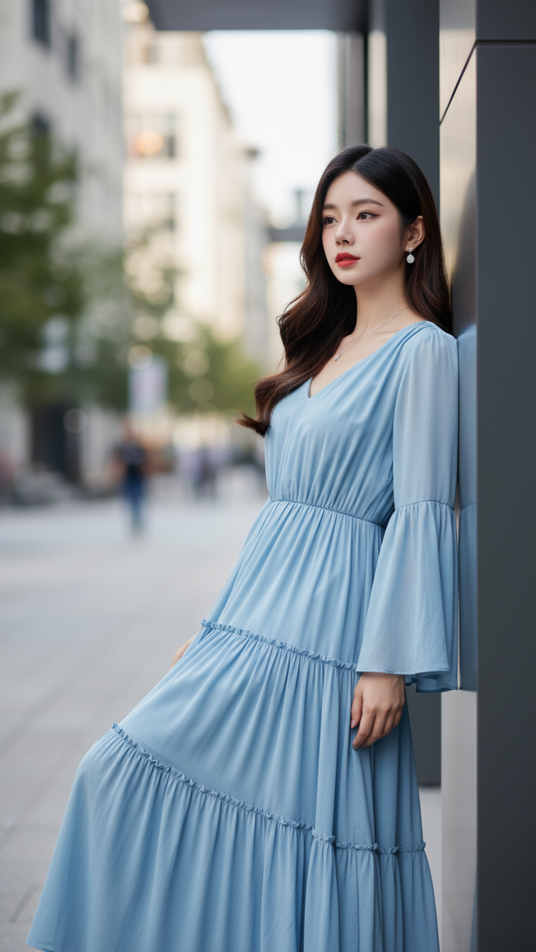 Chân dung thanh lịch của cô gái trẻ giữa phố hiện đại với vẻ đẹp tự nhiên