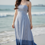 Chân dung thanh lịch của cô gái trẻ bên bờ biển trong trang phục maxi đương đại