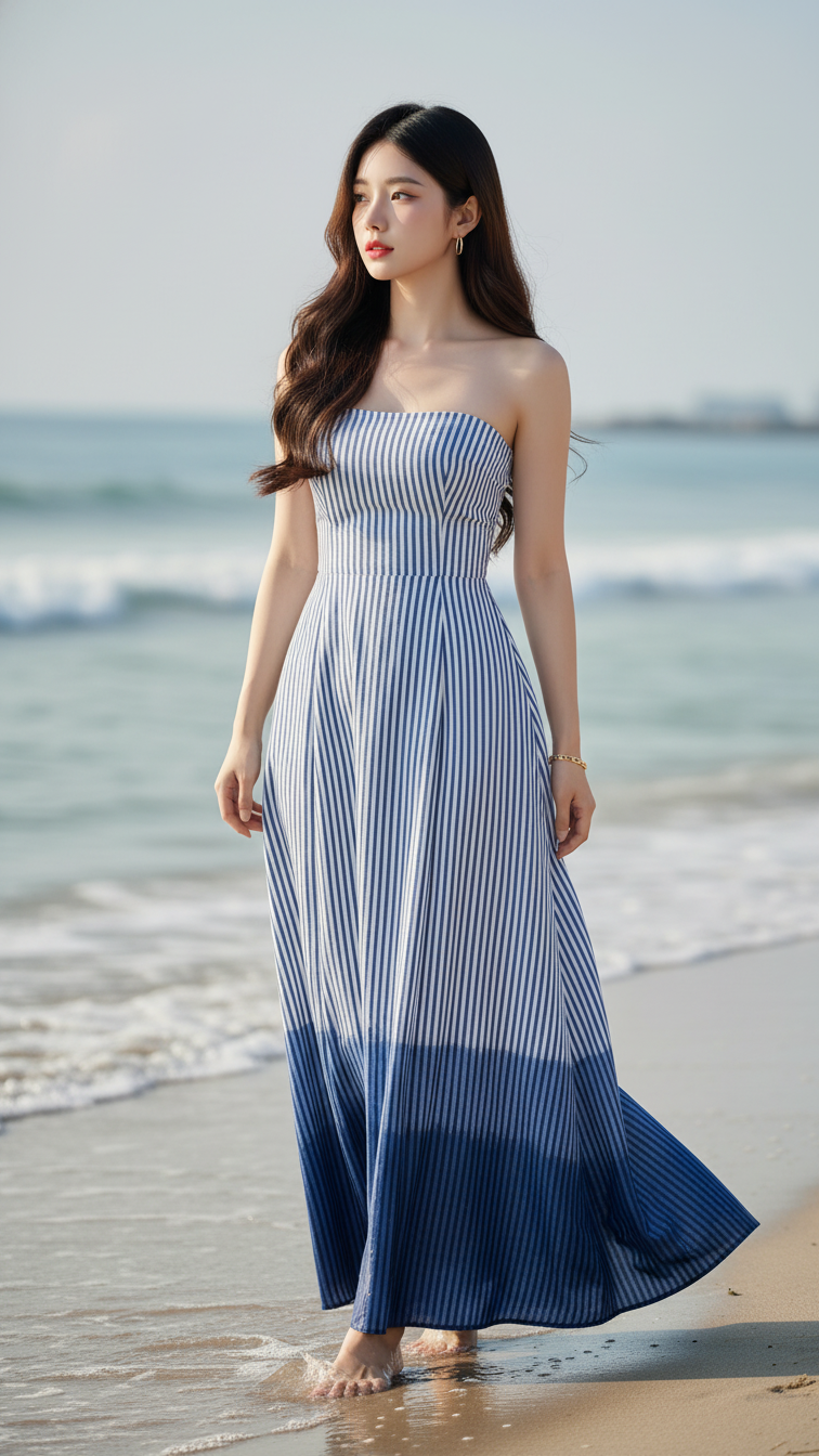 Chân dung thanh lịch của cô gái trẻ bên bờ biển trong trang phục maxi đương đại