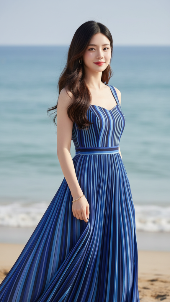 Chân dung nữ thanh lịch bên biển với chiếc váy maxi sọc xanh nổi bật