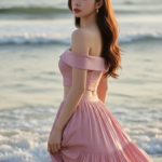 Bức chân dung thực tế của cô gái trẻ với phong cách thời trang nhẹ nhàng bên bờ biển