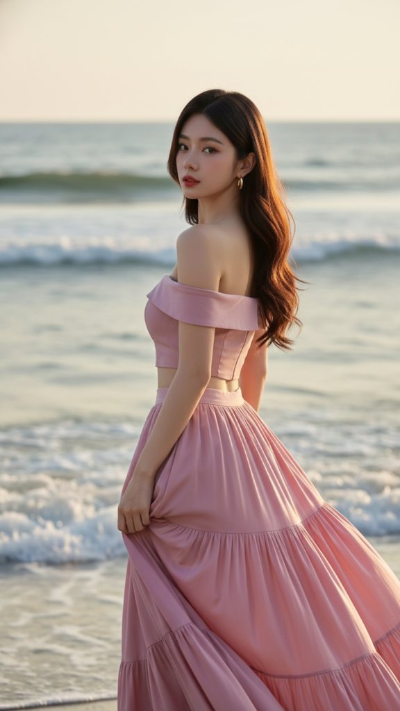 Bức chân dung thực tế của cô gái trẻ với phong cách thời trang nhẹ nhàng bên bờ biển