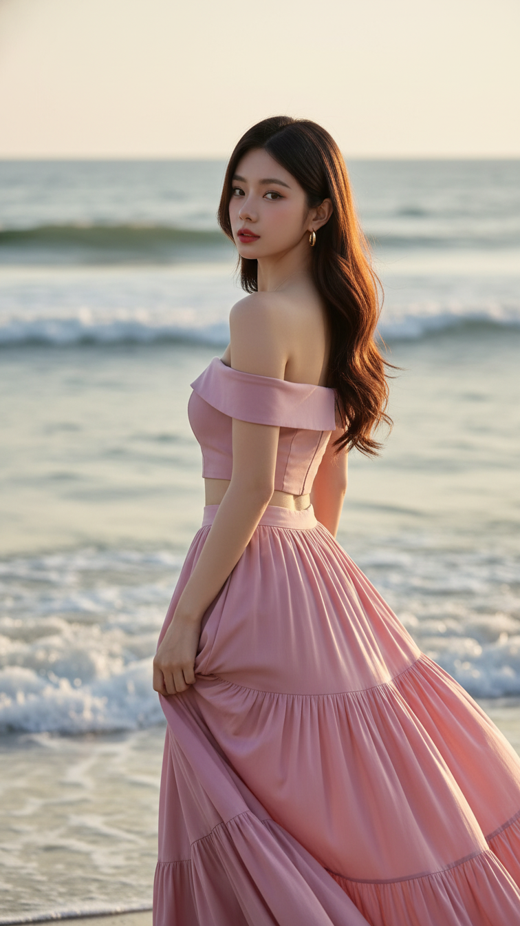 Bức chân dung thực tế của cô gái trẻ với phong cách thời trang nhẹ nhàng bên bờ biển