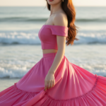 Bức chân dung thanh lịch của cô gái trẻ bên bờ biển vào giờ vàng đẹp mơ màng