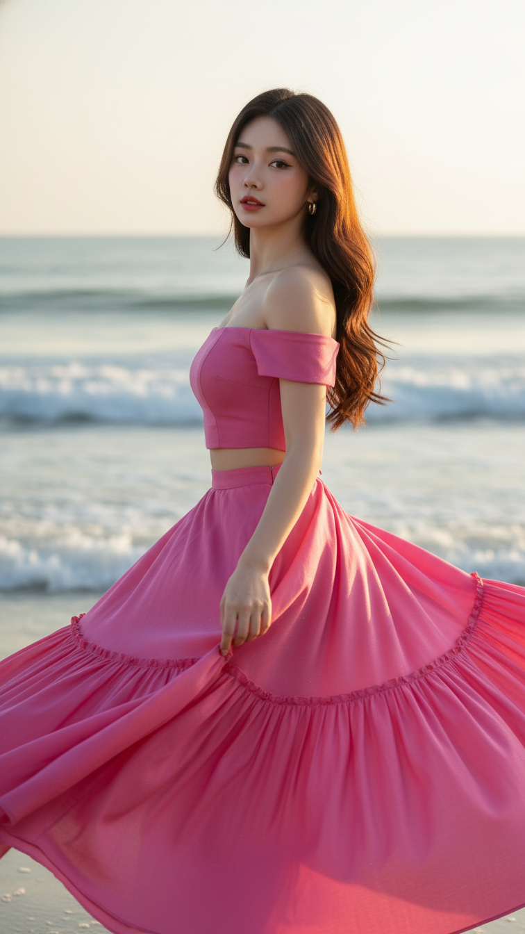 Bức chân dung thanh lịch của cô gái trẻ bên bờ biển vào giờ vàng đẹp mơ màng