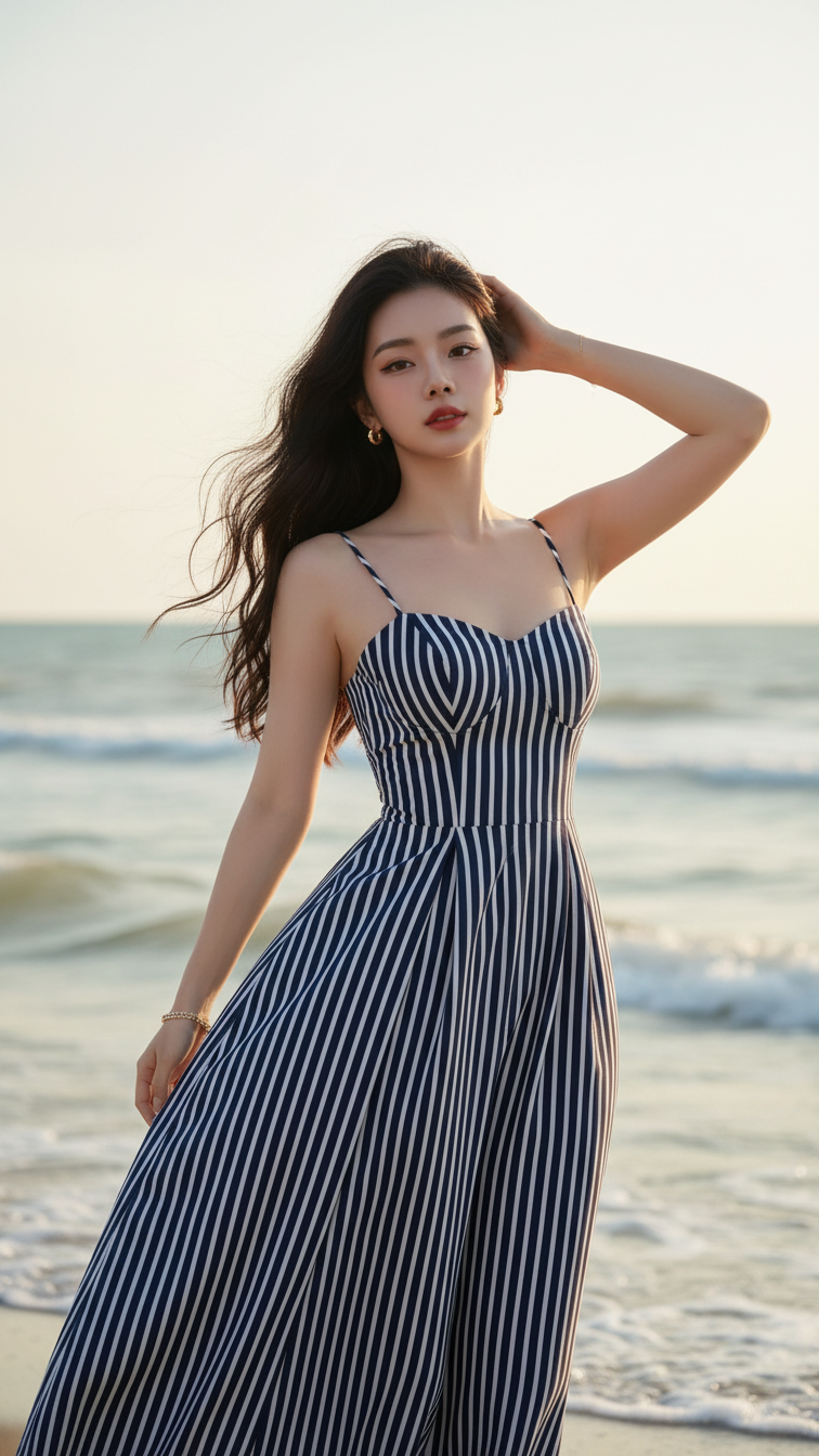 Chân dung cô gái trẻ bên biển với vẻ đẹp tự nhiên và thời trang sang trọng