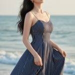 Hình ảnh cô gái thanh lịch bên bãi biển với váy maxi navy tuyệt đẹp