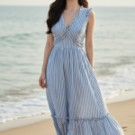 Chân dung thanh lịch của cô gái trẻ bên bờ biển trong bộ váy maxi rực rỡ