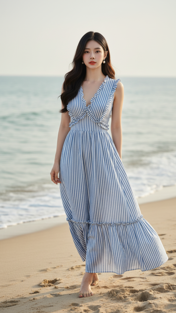 Chân dung thanh lịch của cô gái trẻ bên bờ biển trong bộ váy maxi rực rỡ