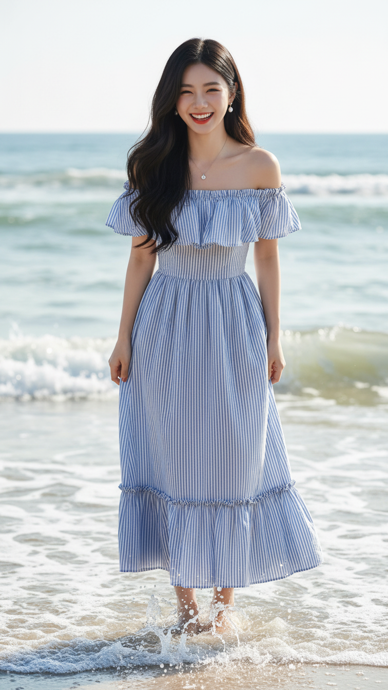 Chân dung thanh lịch của cô gái trẻ bên biển với bộ váy maxi và ánh sáng tự nhiên