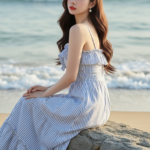 Chân dung thanh lịch của cô gái trẻ bên bờ biển đầy sắc màu và sức sống