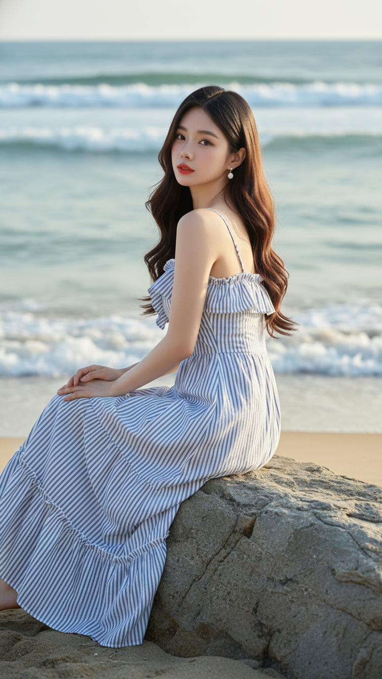 Chân dung thanh lịch của cô gái trẻ bên bờ biển đầy sắc màu và sức sống