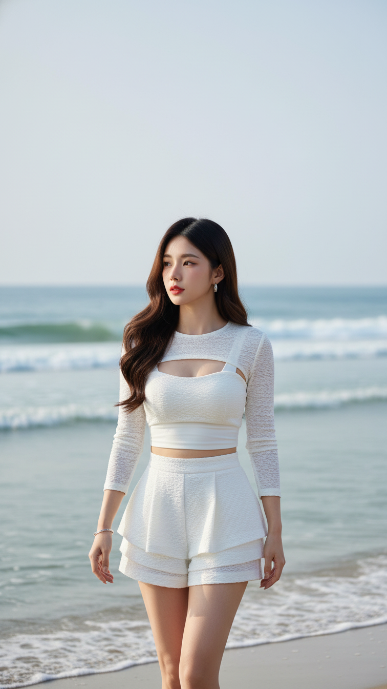 Tạo chân dung một cô gái trẻ tự tin và thanh lịch bên bờ biển