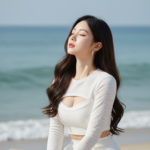 Chân dung thanh lịch của cô gái Á Đông giữa bãi cát và đại dương bao la