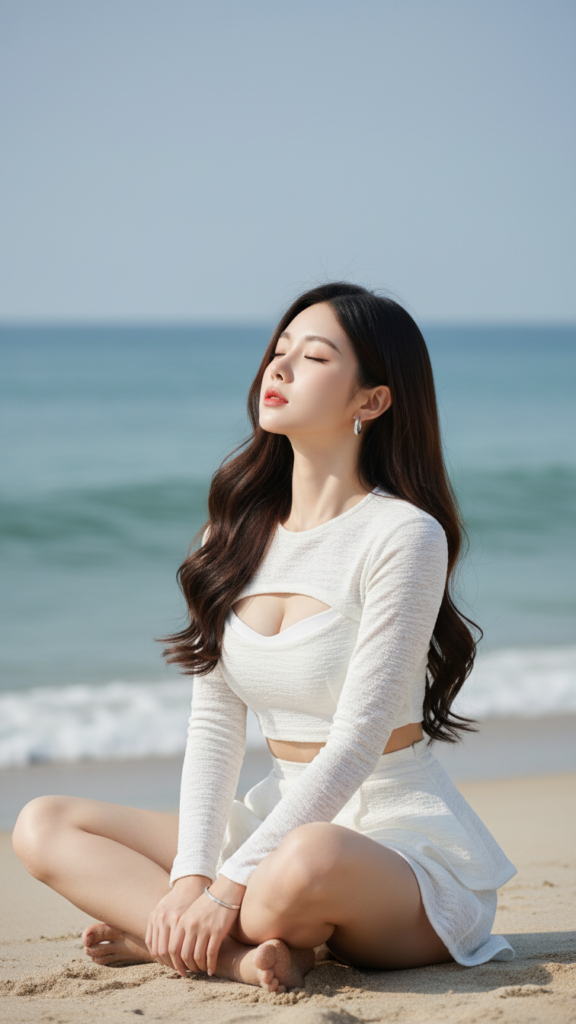 Chân dung thanh lịch của cô gái Á Đông giữa bãi cát và đại dương bao la