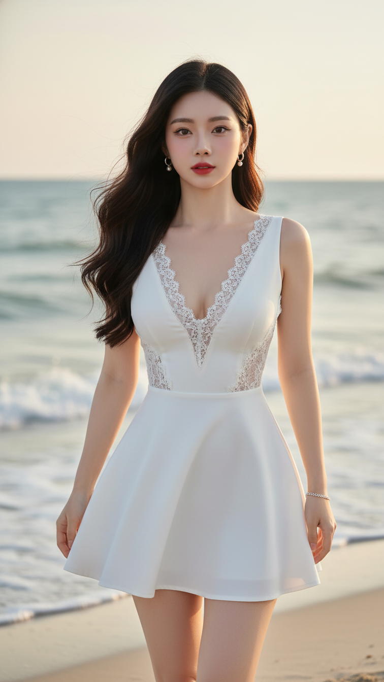 Chân dung thanh lịch của cô gái trẻ giữa khung cảnh biển yên bình