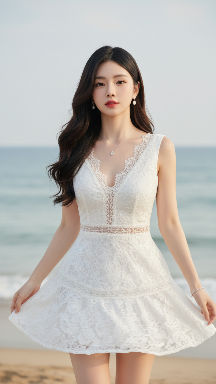 Chân dung cô gái trẻ thanh lịch bên bờ biển tuyệt đẹp