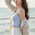 Chân dung nữ thanh lịch bên biển với phong cách thời trang trẻ trung và tự tin