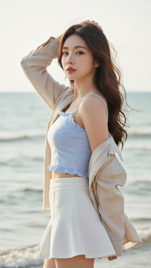 Chân dung nữ thanh lịch bên biển với phong cách thời trang trẻ trung và tự tin