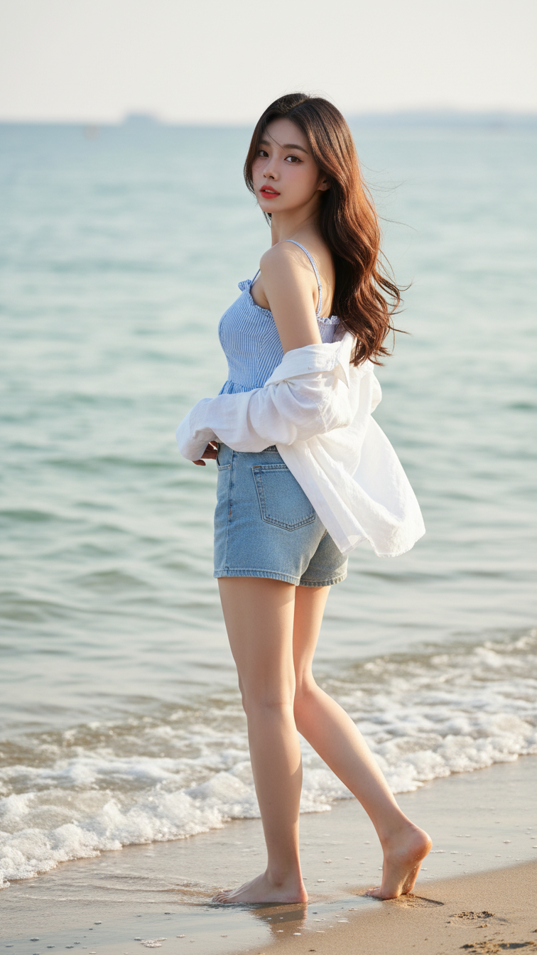 Chân dung thanh lịch của cô gái trẻ bên bờ biển mùa hè 2023