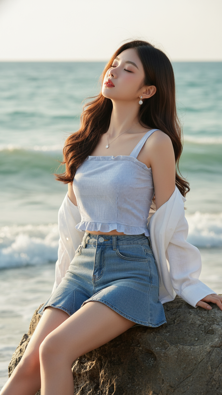 Chân dung thực tế của cô gái trẻ bên bờ biển đầy cuốn hút và bình yên