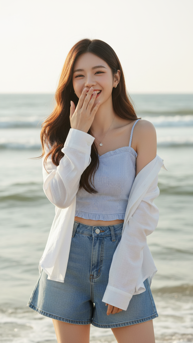 Chân dung cô gái trẻ bên biển với ánh nắng tự nhiên và phong cách thời trang trẻ trung