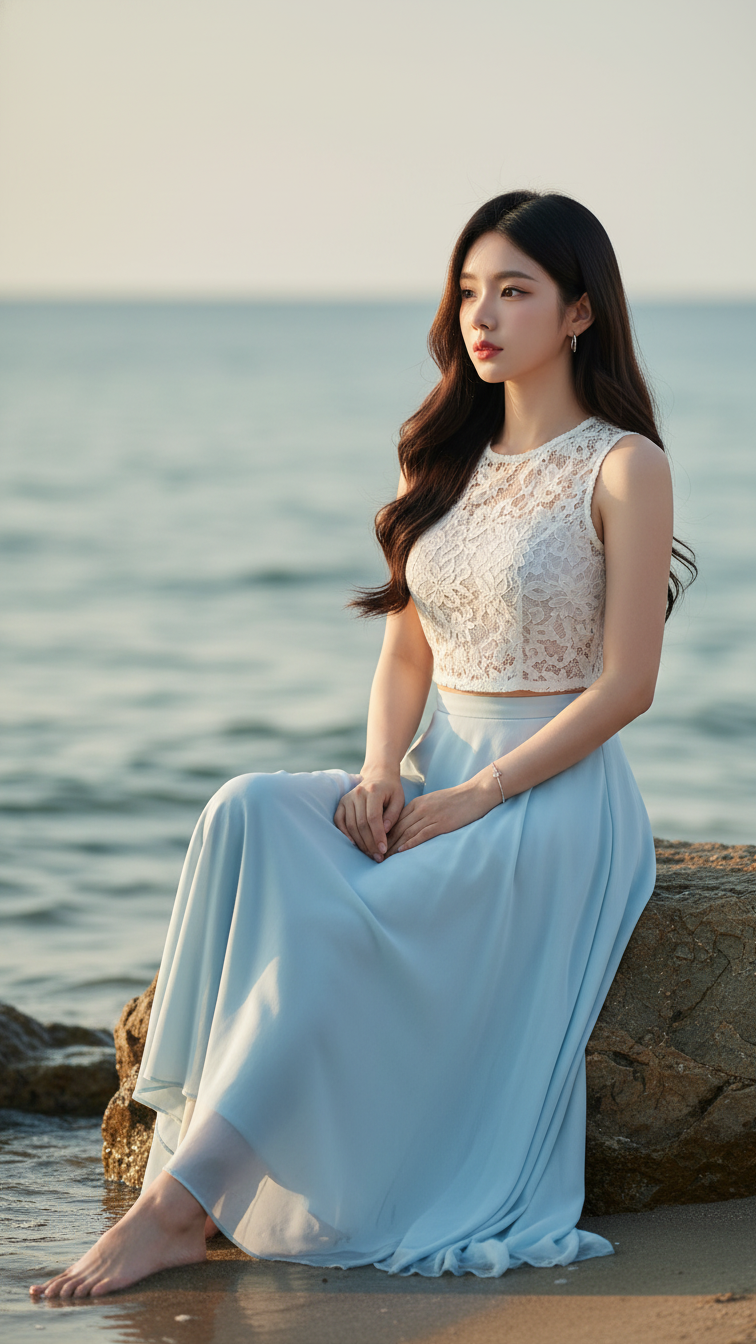 Chân dung hoàn hảo của cô gái trẻ bên bờ biển đầy thanh bình