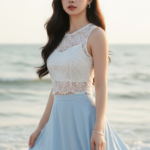 Chân dung cô gái trẻ thanh lịch bên bờ biển dưới ánh sáng ấm áp