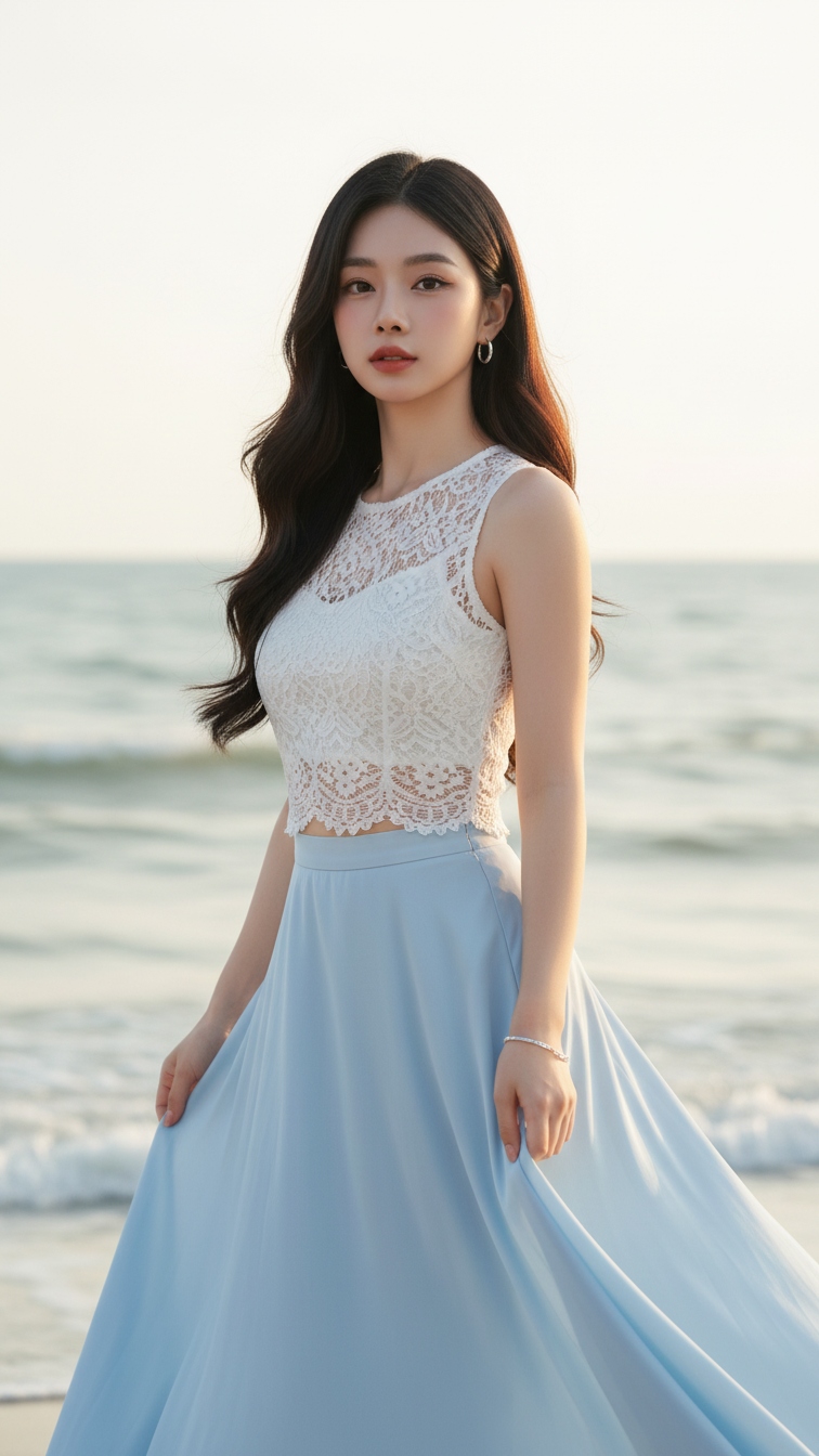 Chân dung cô gái trẻ thanh lịch bên bờ biển dưới ánh sáng ấm áp