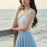 Chân dung thanh lịch của cô gái trẻ bên bờ biển dịu dàng và tự tin