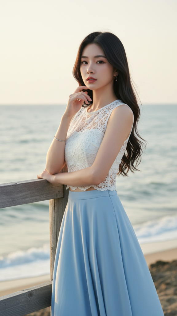 Chân dung thanh lịch của cô gái trẻ bên bờ biển dịu dàng và tự tin