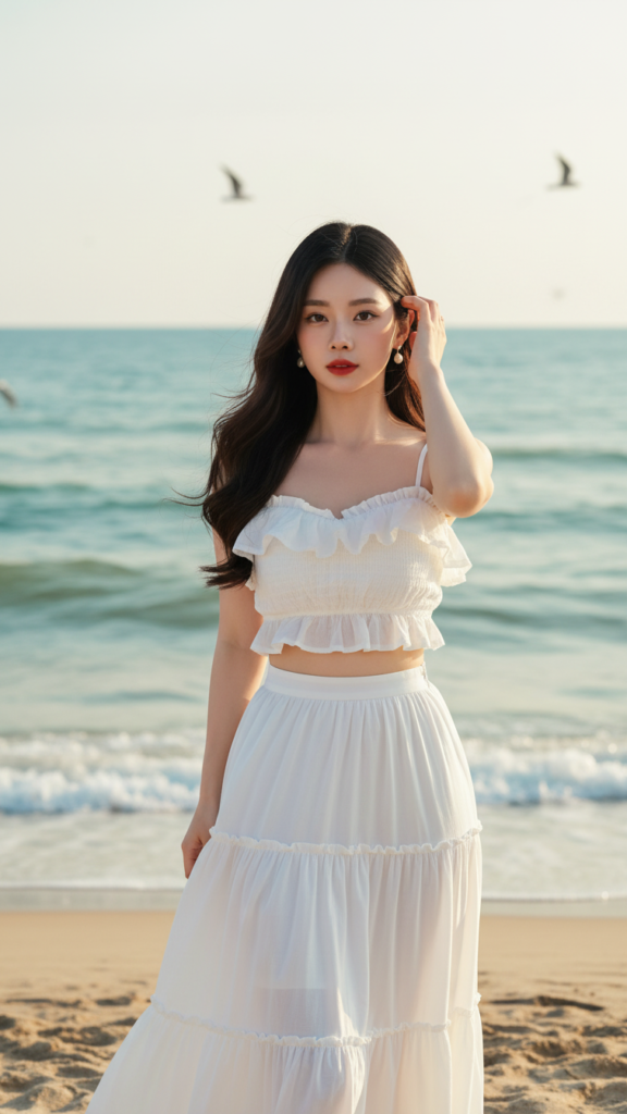 Chân dung thanh lịch của cô gái trẻ bên bờ biển tuyệt đẹp