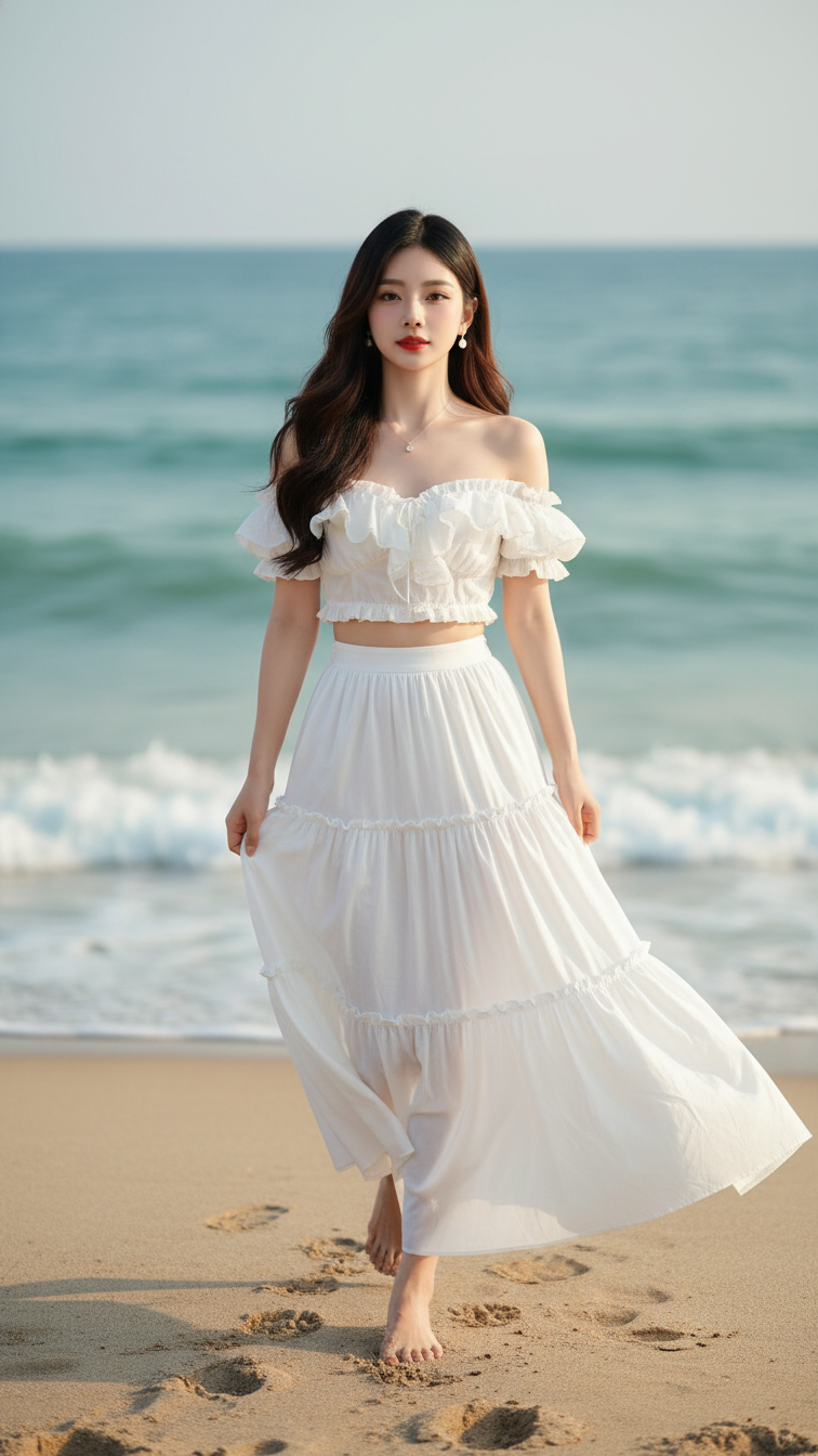 Chân dung thiếu nữ duyên dáng bên bờ biển với trang phục thời thượng và ánh sáng tự nhiên